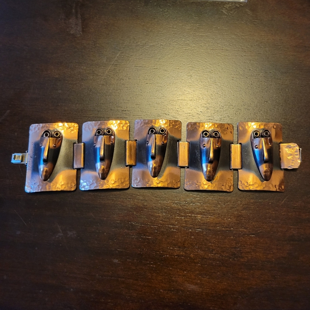 Vintage REBAJES Signed Copper MCM Wide Brazilian Masks Panel Link Bracelet